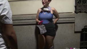 Busty nerd redhead looks for guys to suck in a public street