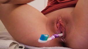 Brilliant Teen Desperately Milks with Toothbrush